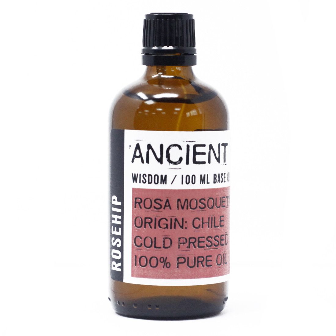 Frasco de vidrio ámbar de 100ml con aceite de rosa mosqueta etiqueta blanca y roja sobre fondo blanco estilo minimalista