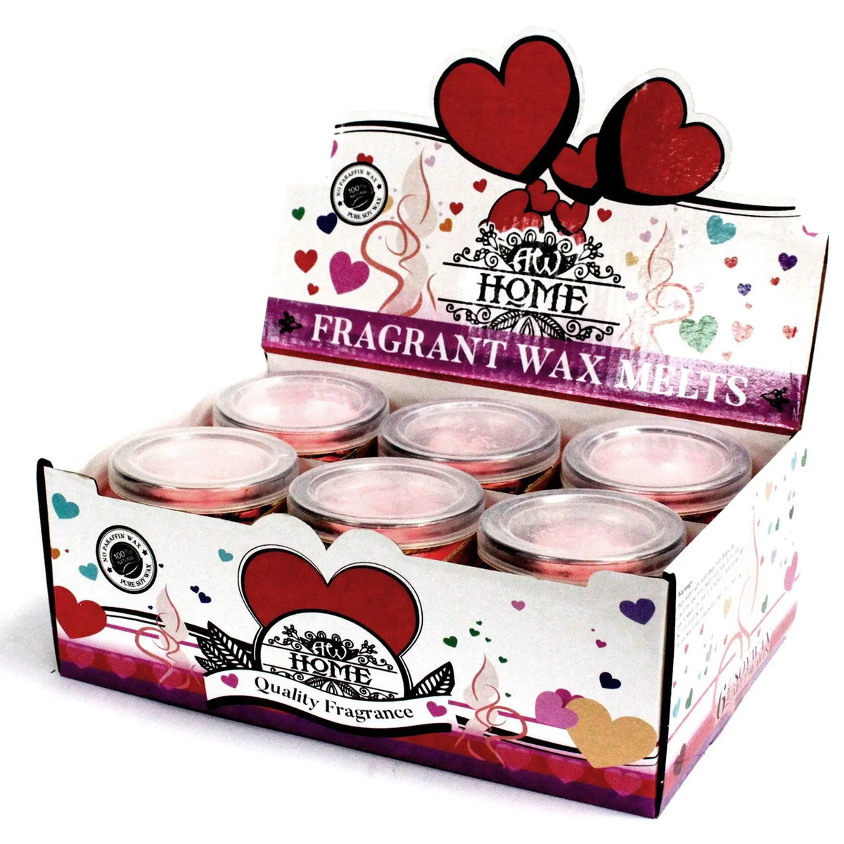 Caja expositora con seis frascos de cera de soja rosa, decorada con corazones rojos y detalles románticos.