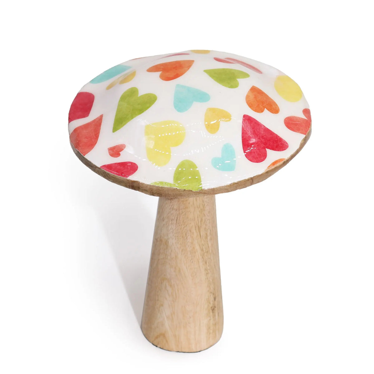 Seta decorativa de madera con sombrero esmaltado blanco decorado con corazones de colores pastel. 15 cm de altura.