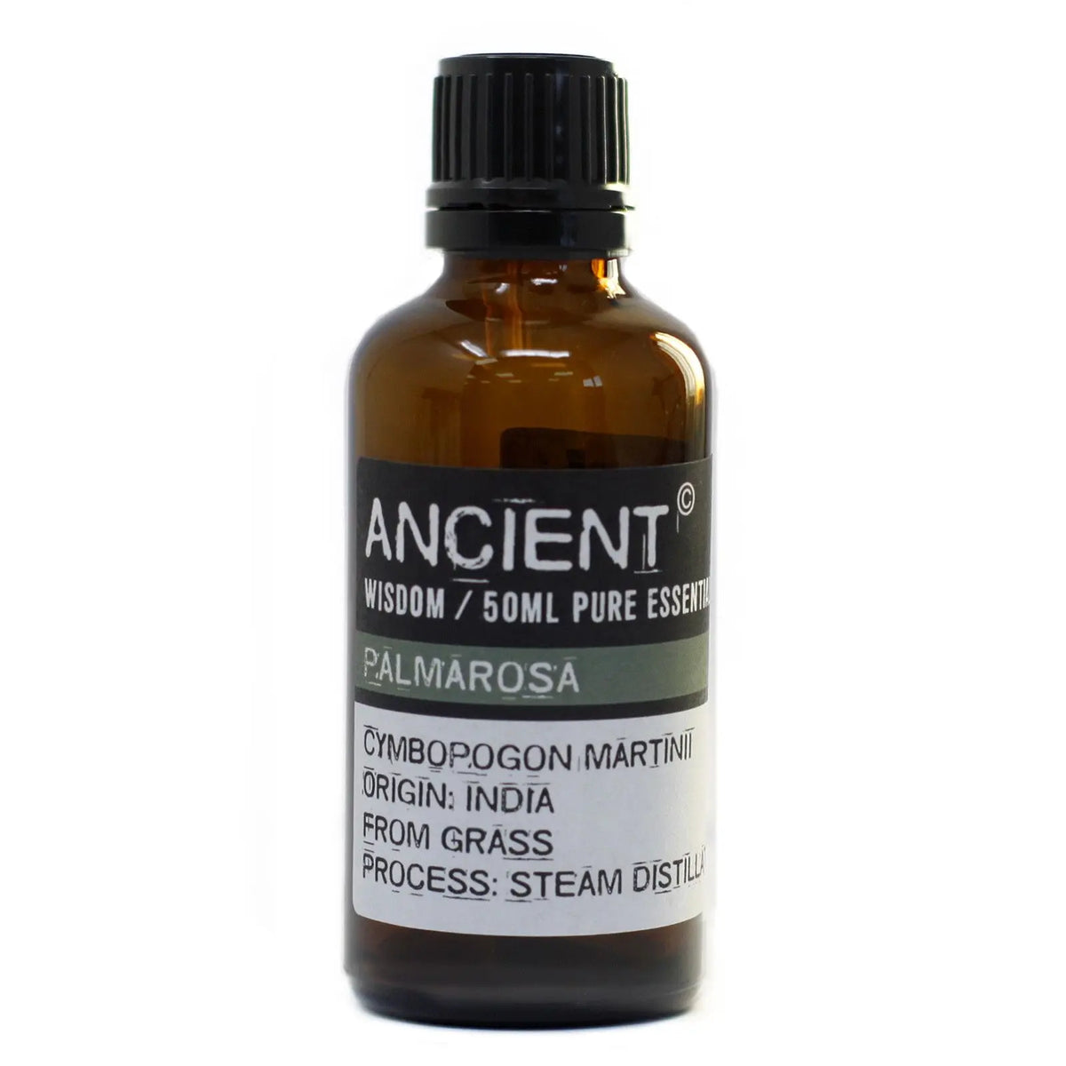 Frasco de vidrio ámbar de 50ml con tapa negra y etiqueta blanca que indica aceite esencial de Palmarosa.