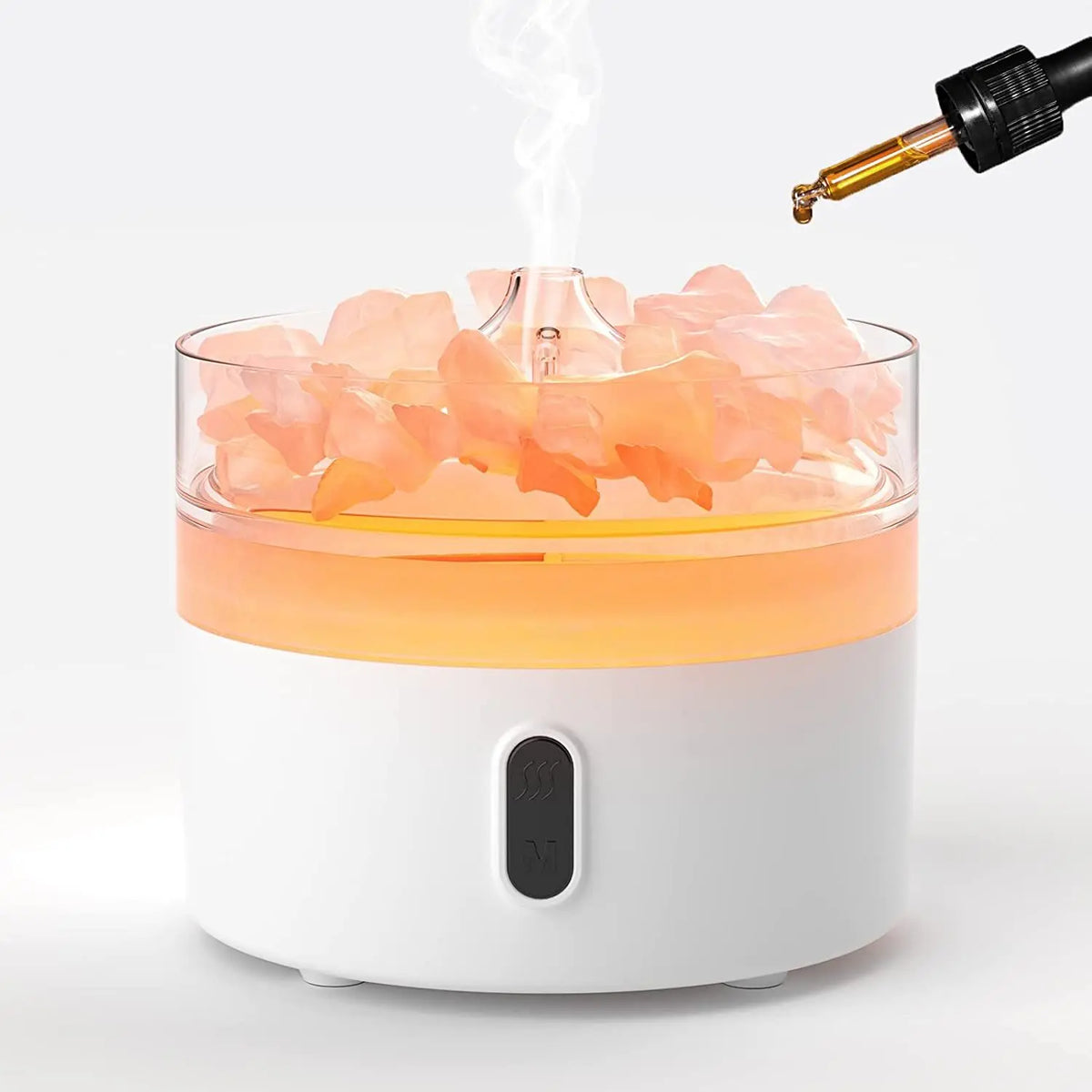 Difusor de sal del Himalaya con base blanca, luz efecto llama y vapor. Incluye gotero para aceites esenciales.