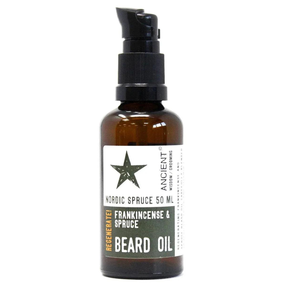 Frasco de vidrio ámbar de 50ml con dosificador negro y etiqueta blanca con estrella para aceite de barba Ancient Wisdom.