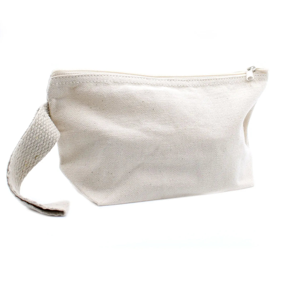 Neceser de algodón color beige natural, de textura resistente, con cierre de cremallera y una práctica correa lateral.