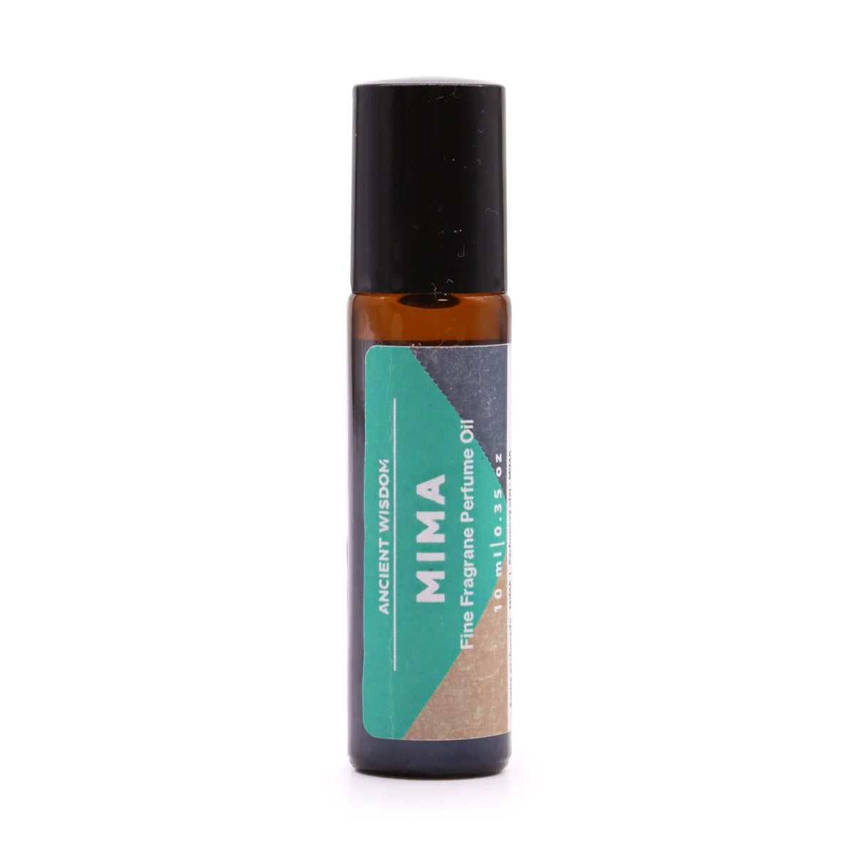Frasco pequeño de vidrio ámbar con aplicador roll-on, tapa negra y etiqueta rectangular en tonos verdes y tierra.
