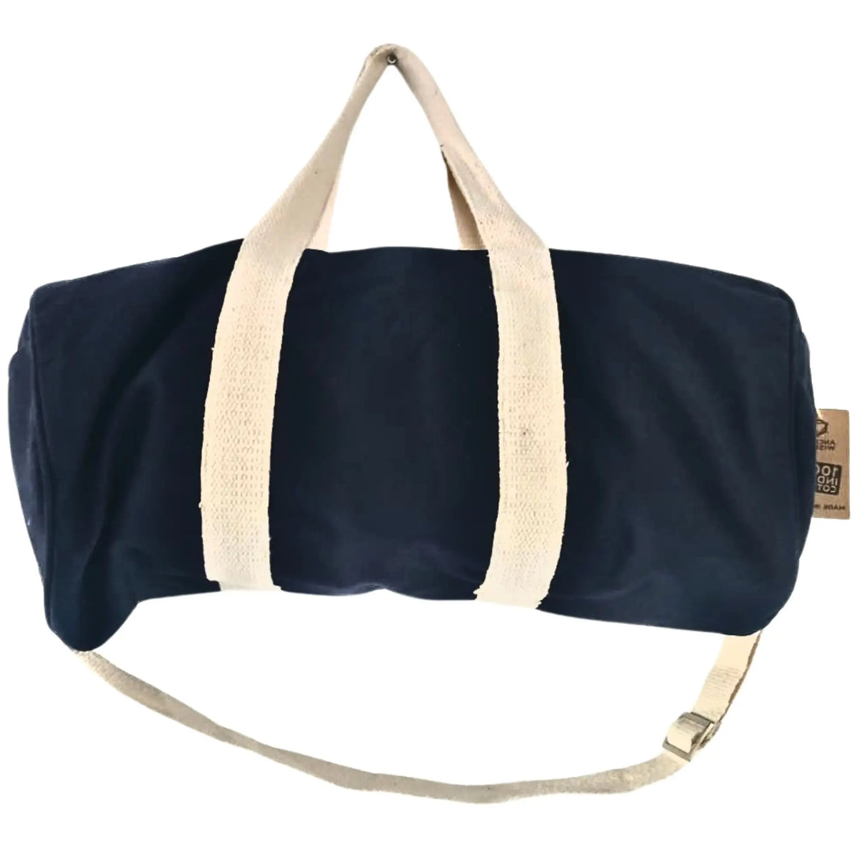 Bolsa de deporte cilíndrica azul marino en lona con asas y correa ajustable color crema. Estilo minimalista.