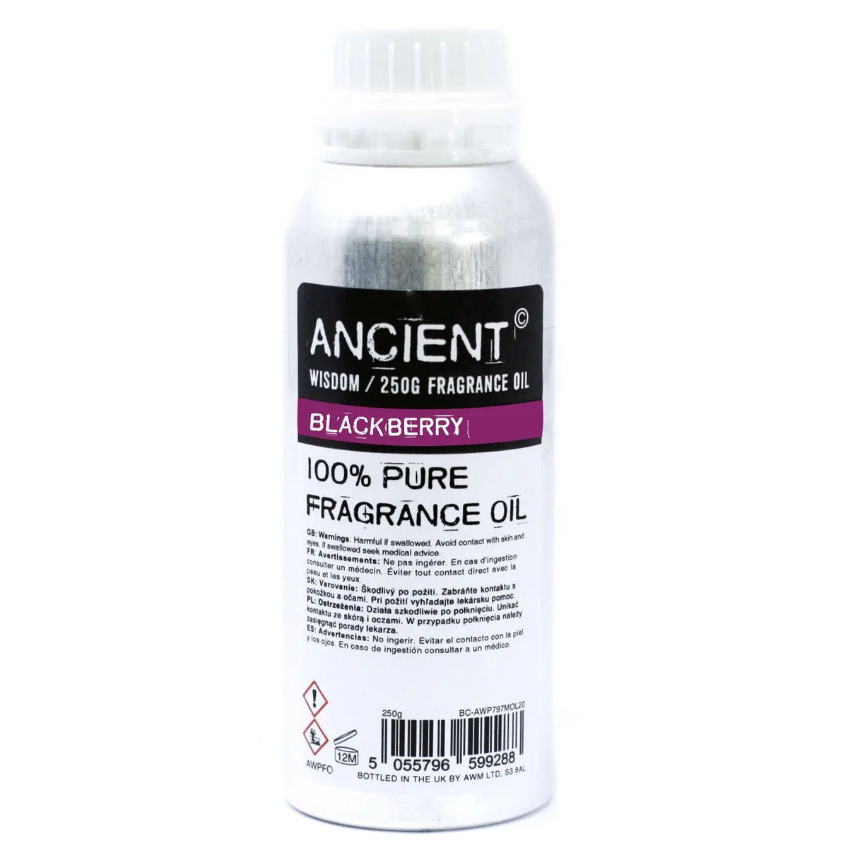 Botella de aluminio de 250g con aceite de fragancia de mora, etiqueta blanca con detalles en negro y banda morada.