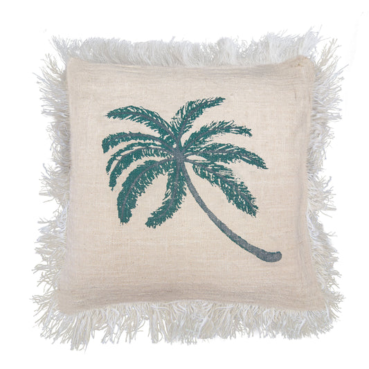 Funda de cojín de lino beige con estampado de palmera verde y flecos decorativos en los bordes estilo bohemio