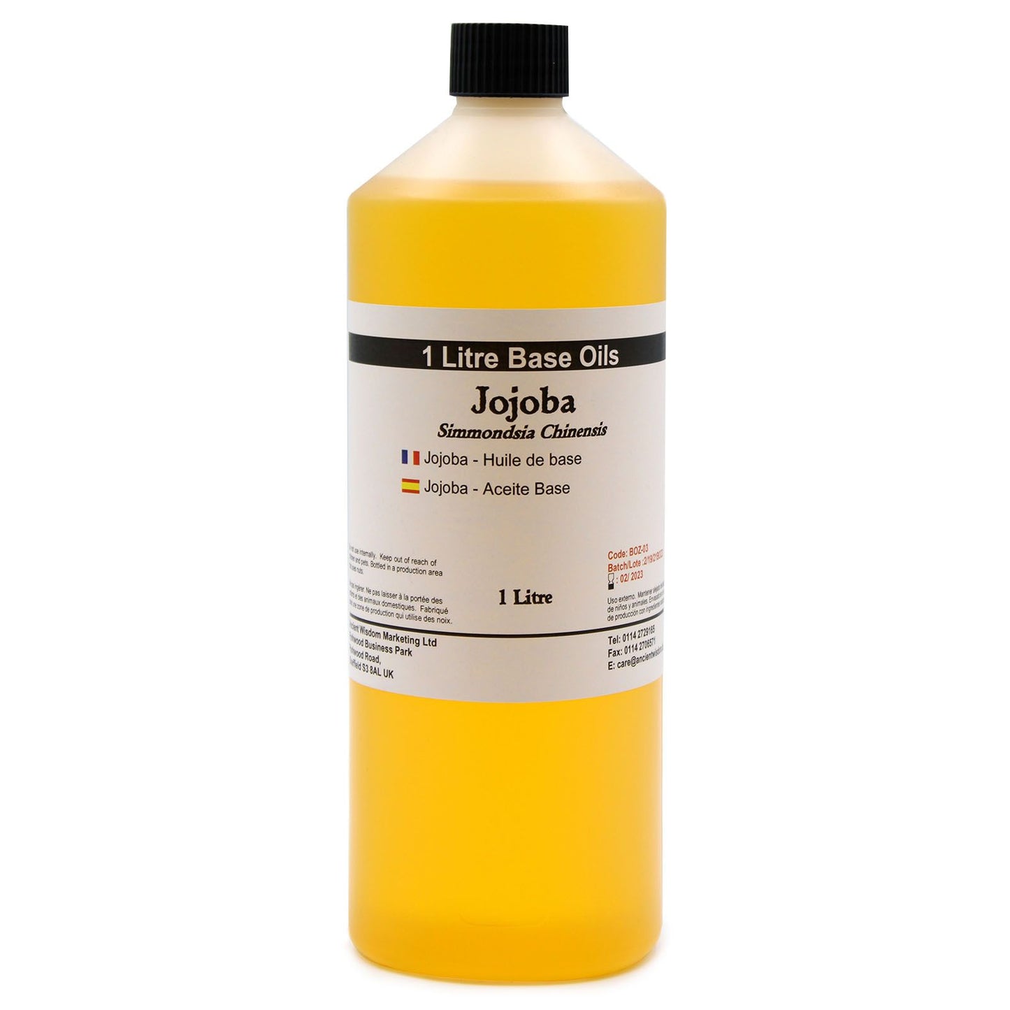 Aceite de jojoba 1 litro, color amarillo, envase plástico, ideal para cosméticos y cuidado de la piel.