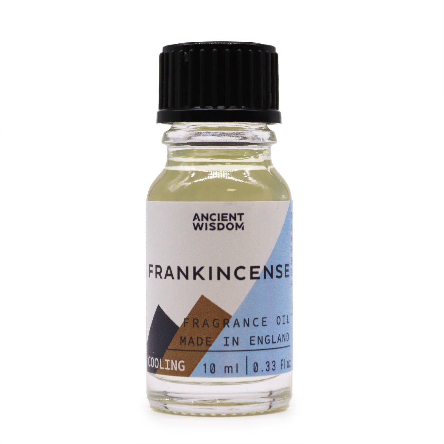 Frasco de vidrio transparente de 10ml con tapa negra, contiene aceite de fragancia de incienso con etiqueta minimalista.