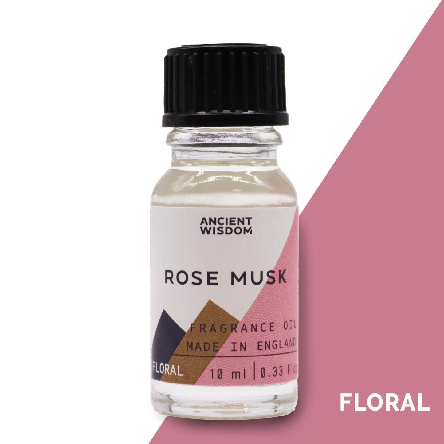 Frasco pequeño de vidrio transparente con aceite de fragancia, tapa negra y etiqueta con diseño geométrico rosa y café.