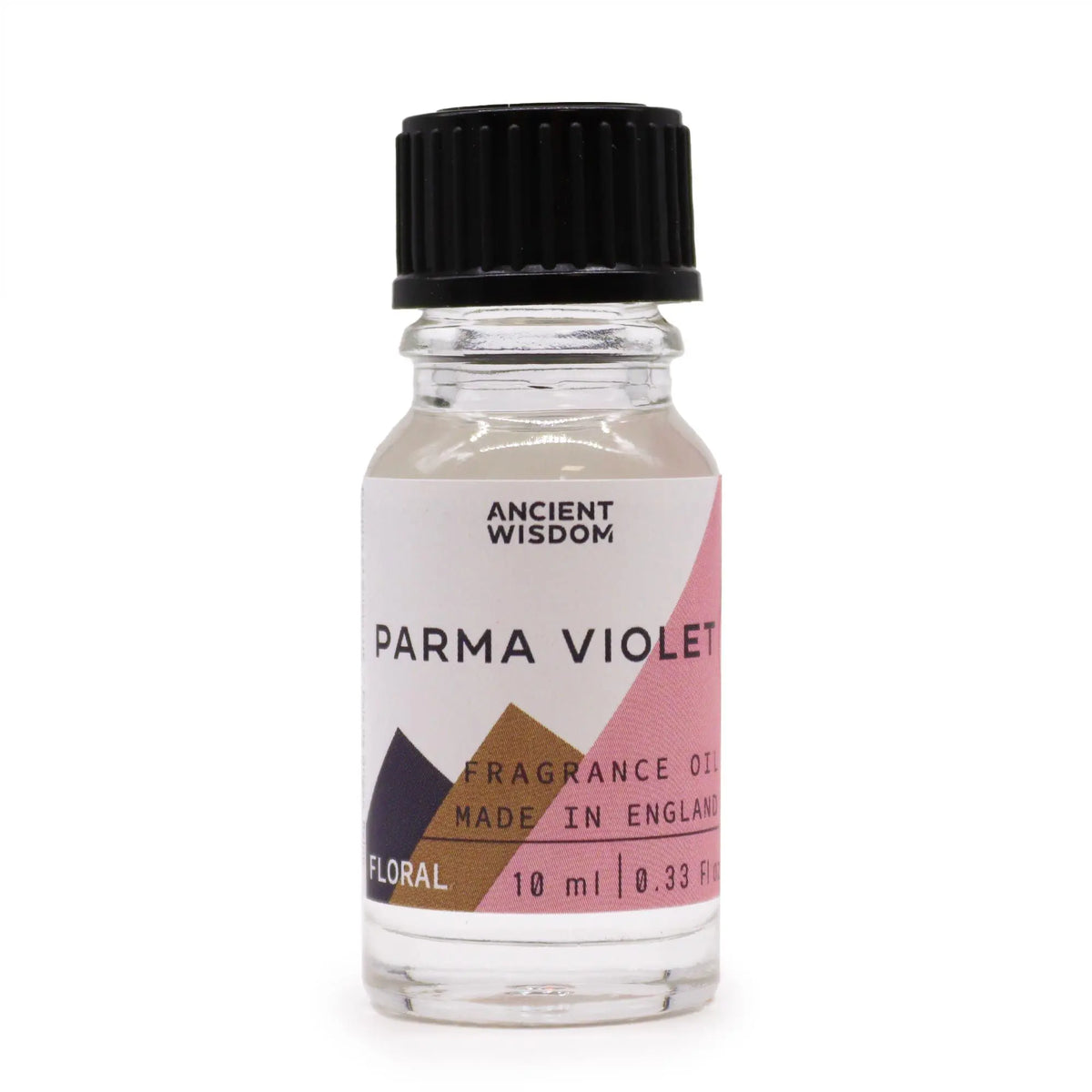 Frasco de cristal de 10 ml con tapón negro y etiqueta decorada con formas geométricas en tonos rosa, marrón y morado.