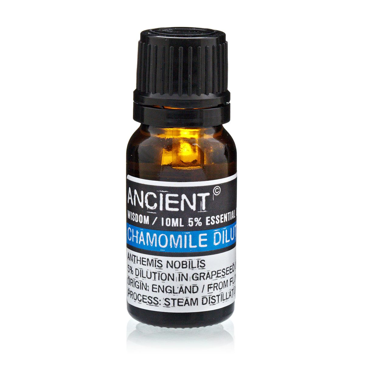 Aceite esencial diluido de manzanilla de 10 ml, color ámbar, con tapa negra y etiqueta azul y negra.