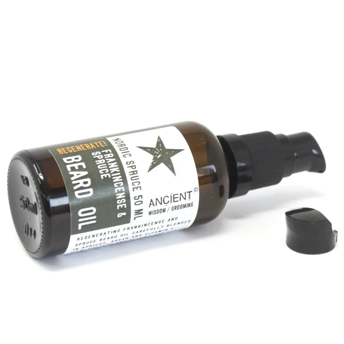 Frasco de vidrio ámbar de 50ml con dosificador negro y etiqueta blanca con estrella, marca Ancient Wisdom.