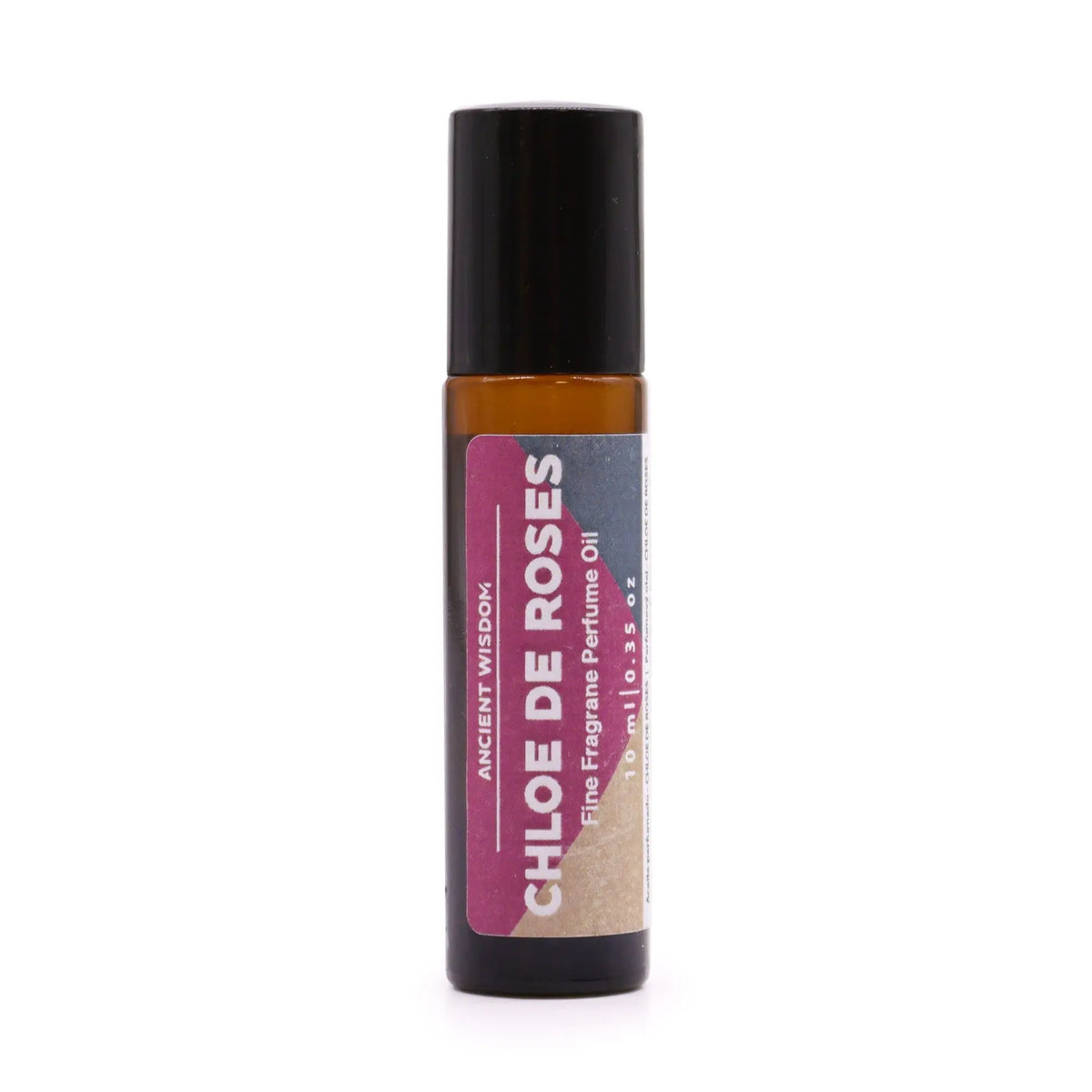 Frasco de vidrio ámbar de 10ml con aplicador roll-on, tapa negra y etiqueta rectangular en tonos rosa y gris.