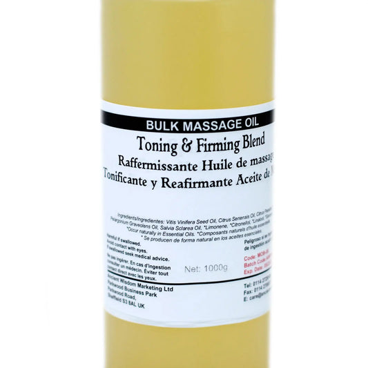 Aceite de masaje tonificante y reafirmante, color amarillo, contiene aceite de semillas de uva y limón, 1000g.