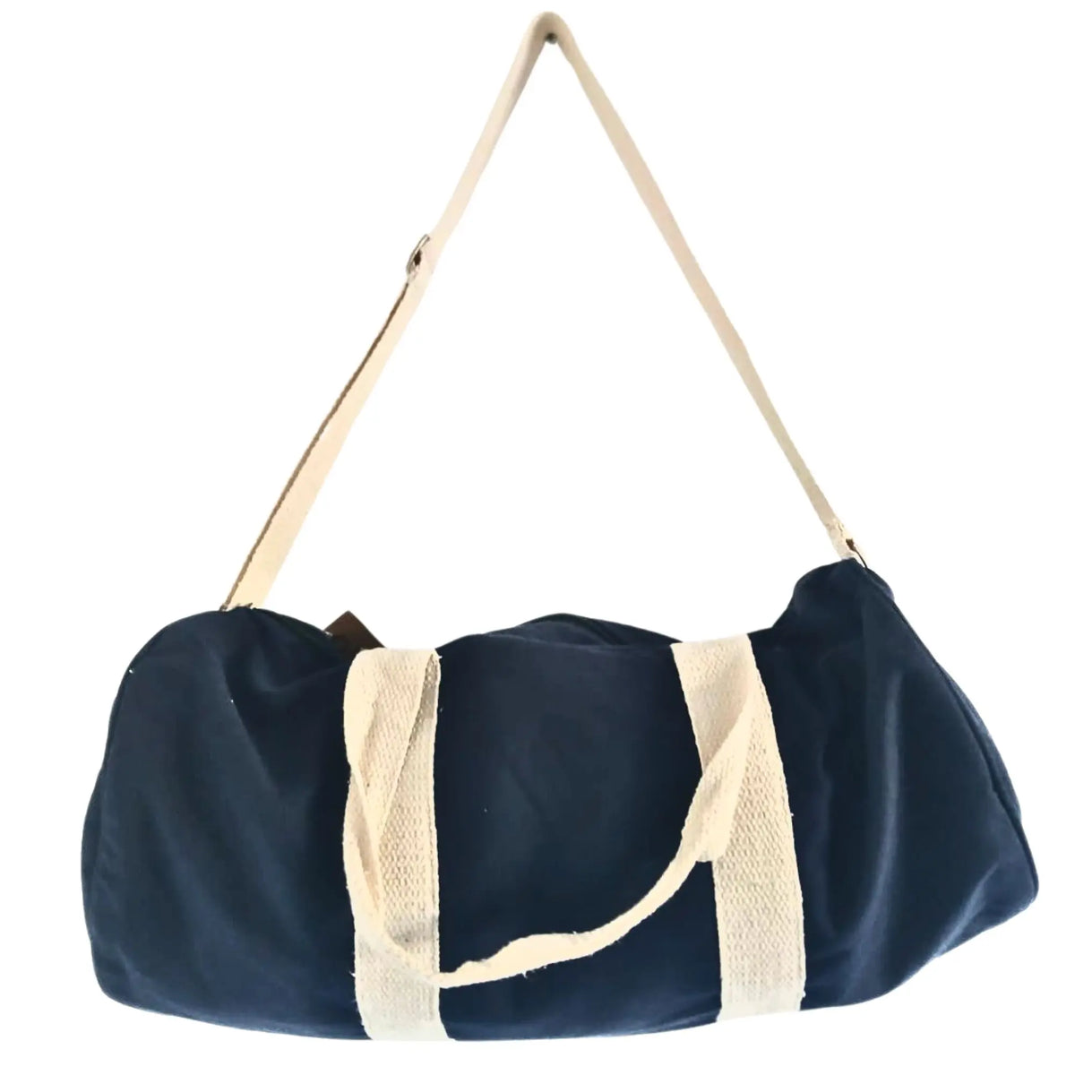 Bolsa de deporte azul marino, forma cilíndrica, de lona con correas y asas de tela color crema. Fondo blanco.
