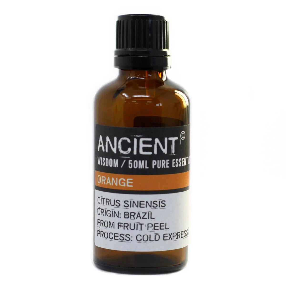 Frasco de vidrio ámbar de 50ml con tapa negra, etiqueta informativa con detalles de aceite esencial de naranja profesional