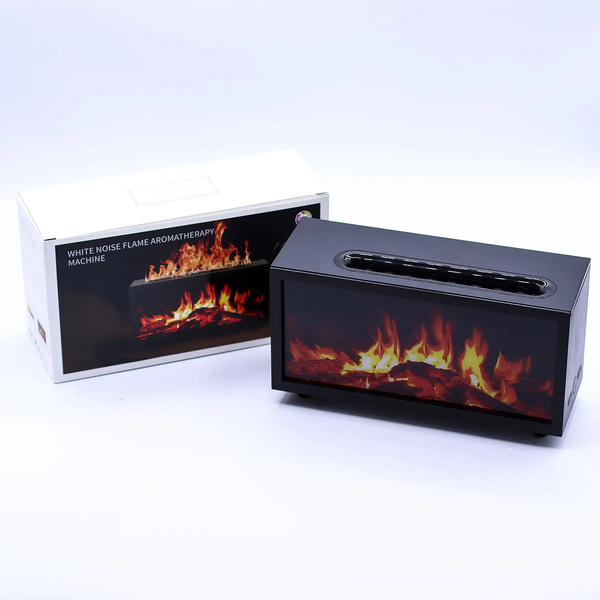 Difusor negro rectangular con efecto llama LED y su caja blanca, ideal para aromaterapia con estilo de chimenea.
