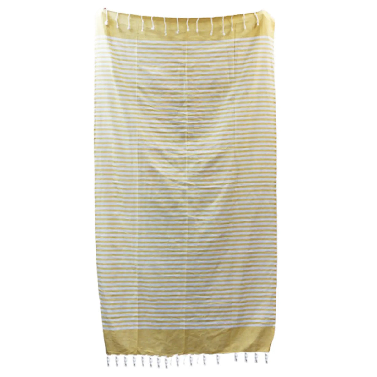 Manta de algodón amarilla y blanca a rayas horizontales, rectangular, con flecos decorativos en los extremos.