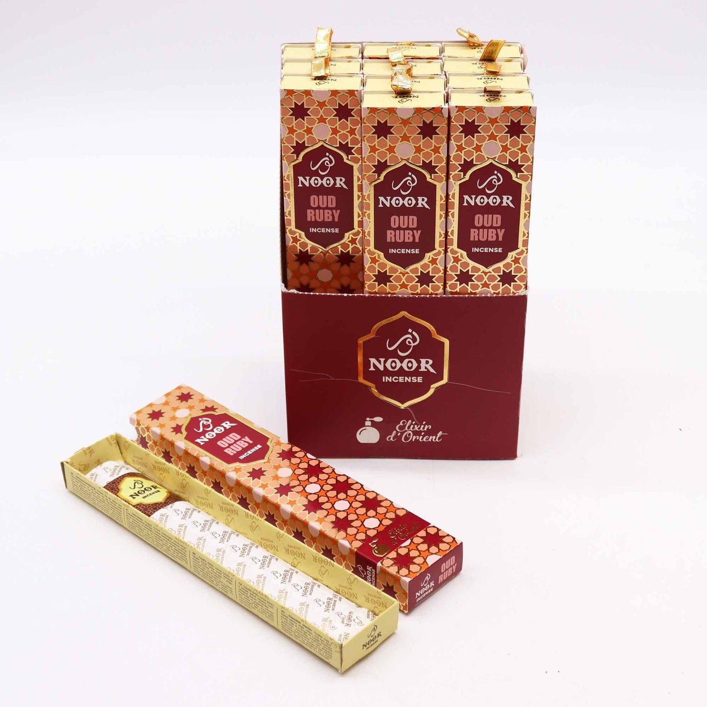 Incienso Noor Ruby, caja de 6, color rojo y dorado, aroma oriental, incluye estuche decorativo.