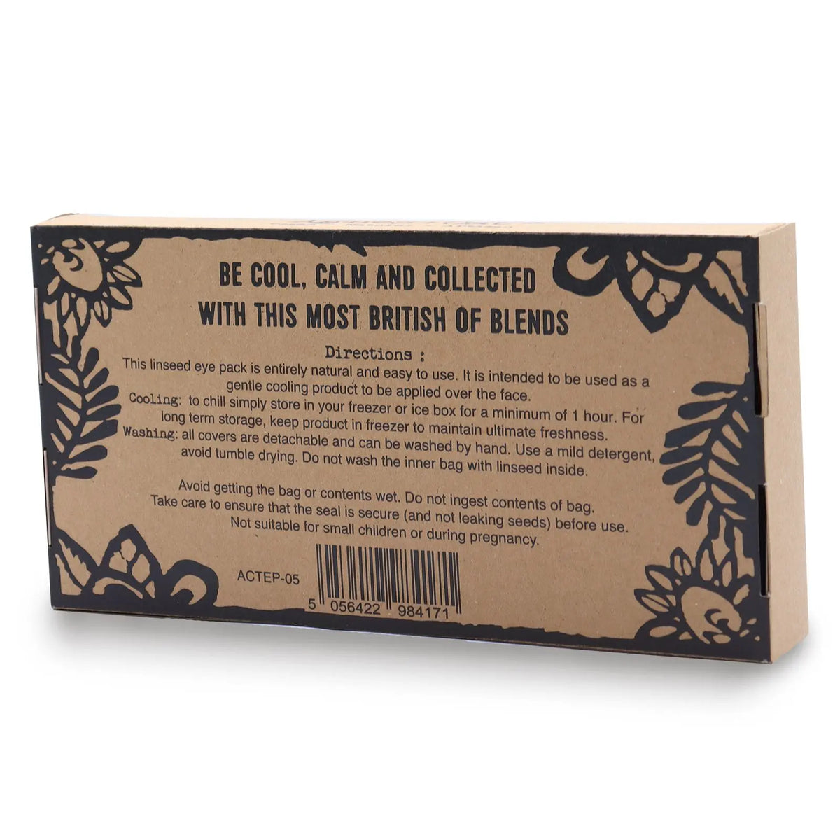 Caja de cartón kraft marrón con instrucciones de uso para almohadilla para ojos Agnes & Cat, diseño floral negro.