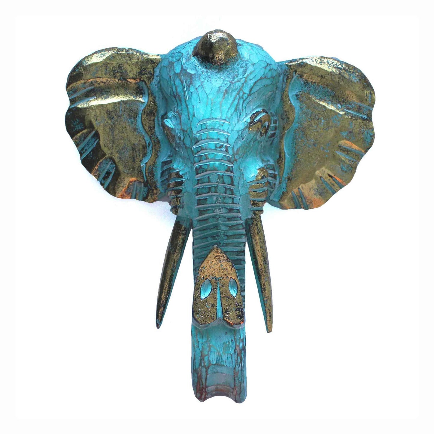 Cabeza de elefante decorativa en tonos azules y dorados, hecha de metal con un estilo bohemio y vintage.