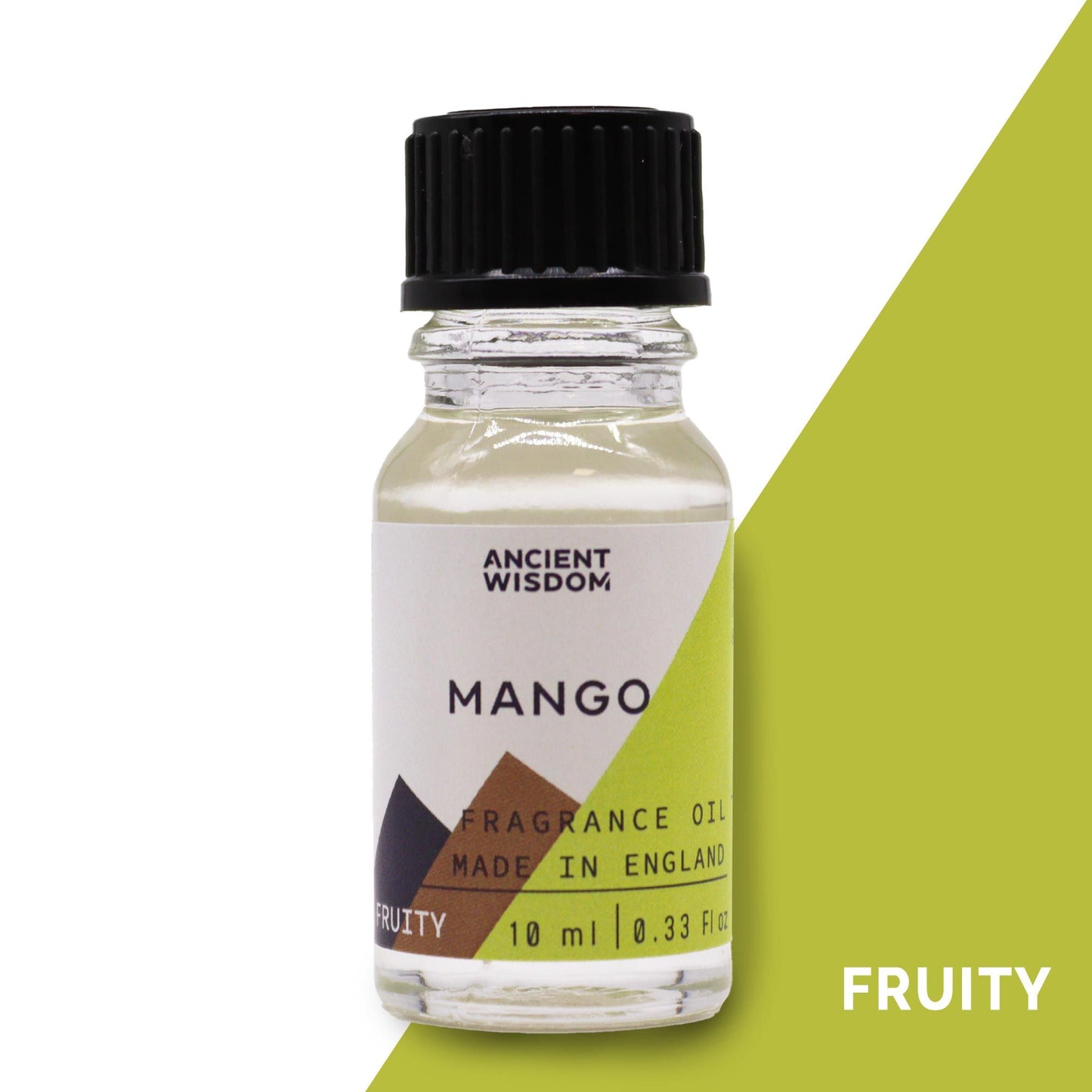 Frasco de vidrio de 10ml con aceite de fragancia de mango, etiqueta con diseño geométrico y tapa negra de rosca.
