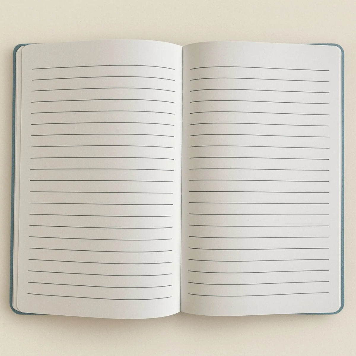 Cuaderno de terciopelo azul claro abierto con páginas de papel crema rayado sobre fondo neutro.