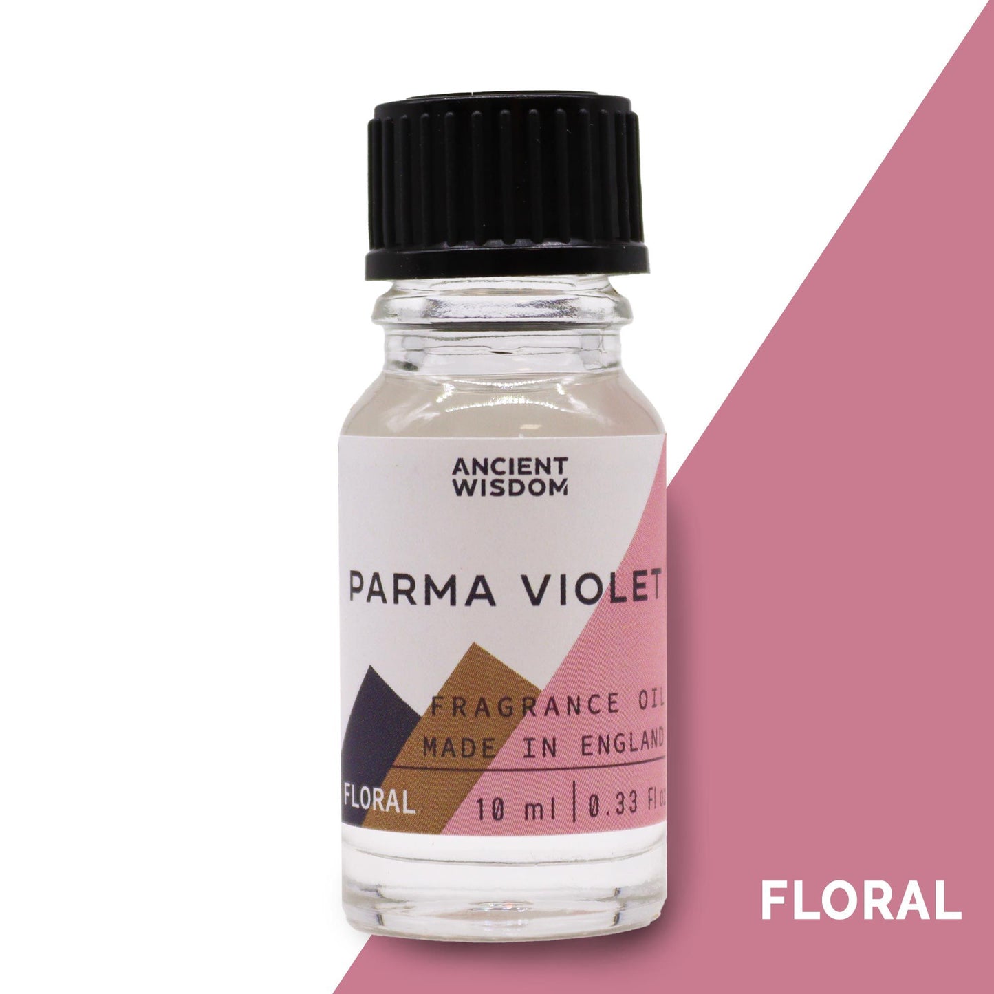 Frasco de vidrio pequeño con tapa negra, etiqueta con diseño geométrico rosa y texto "Parma Violet". Aceite esencial.