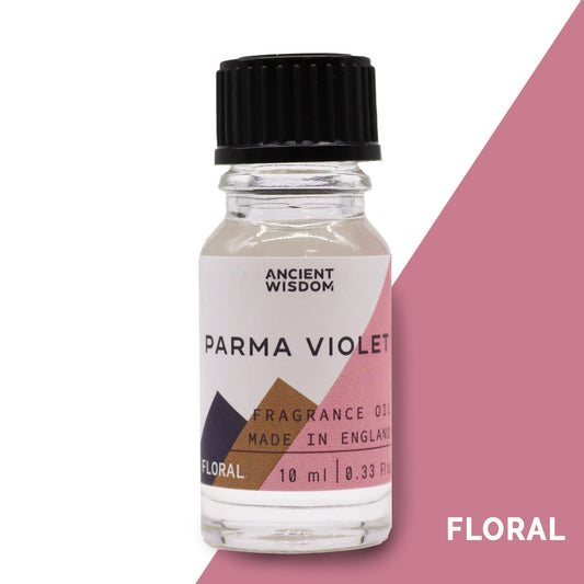 Frasco de vidrio pequeño con tapa negra, etiqueta con diseño geométrico rosa y texto "Parma Violet". Aceite esencial.