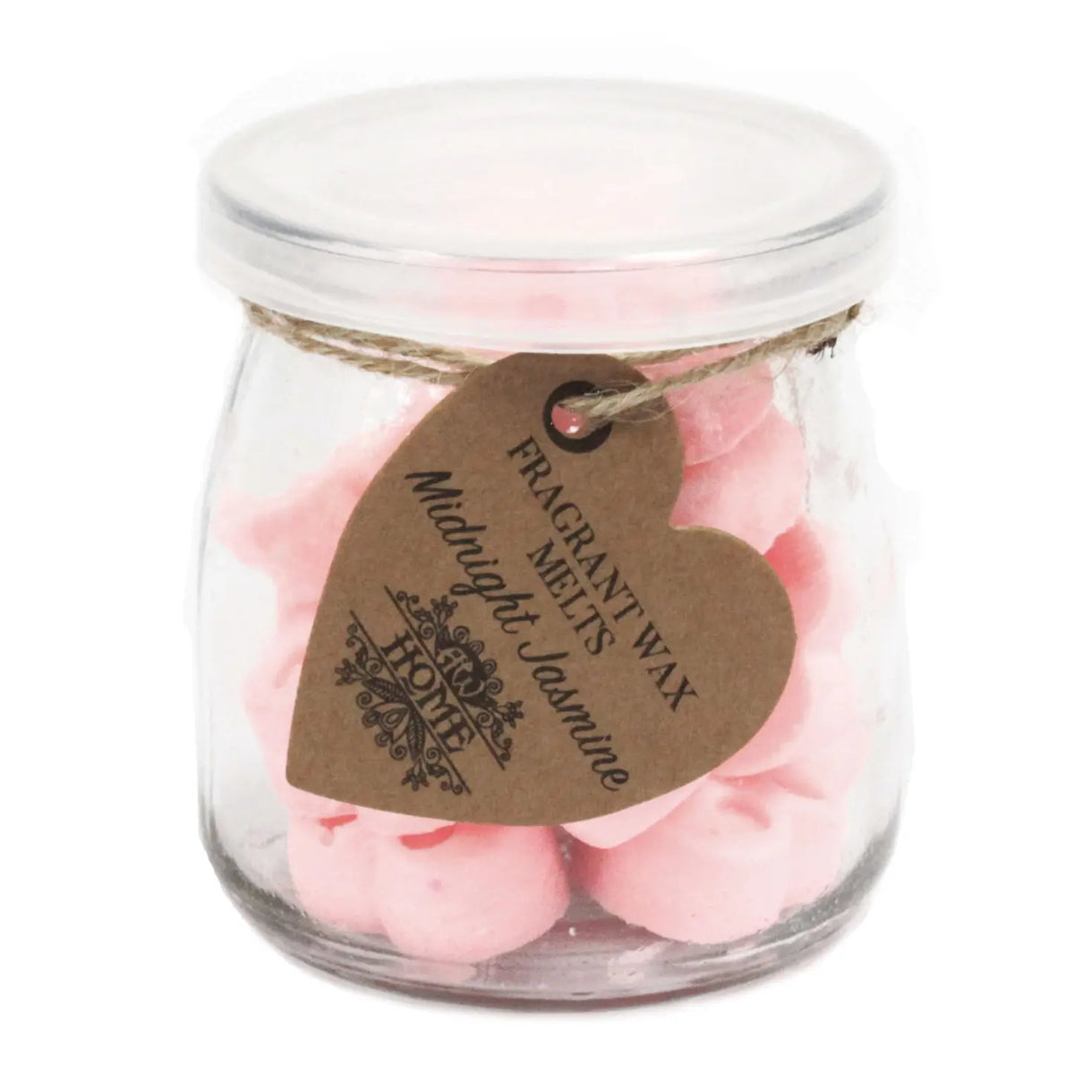 Frasco de vidrio con tapa conteniendo trozos de cera de soja rosa en forma de flor y etiqueta de cartón en forma de corazón.