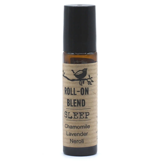 Frasco ámbar roll-on (10ml) con etiqueta artesanal de papel kraft, logo de pájaro y texto: "Roll-on Blend Sleep".
