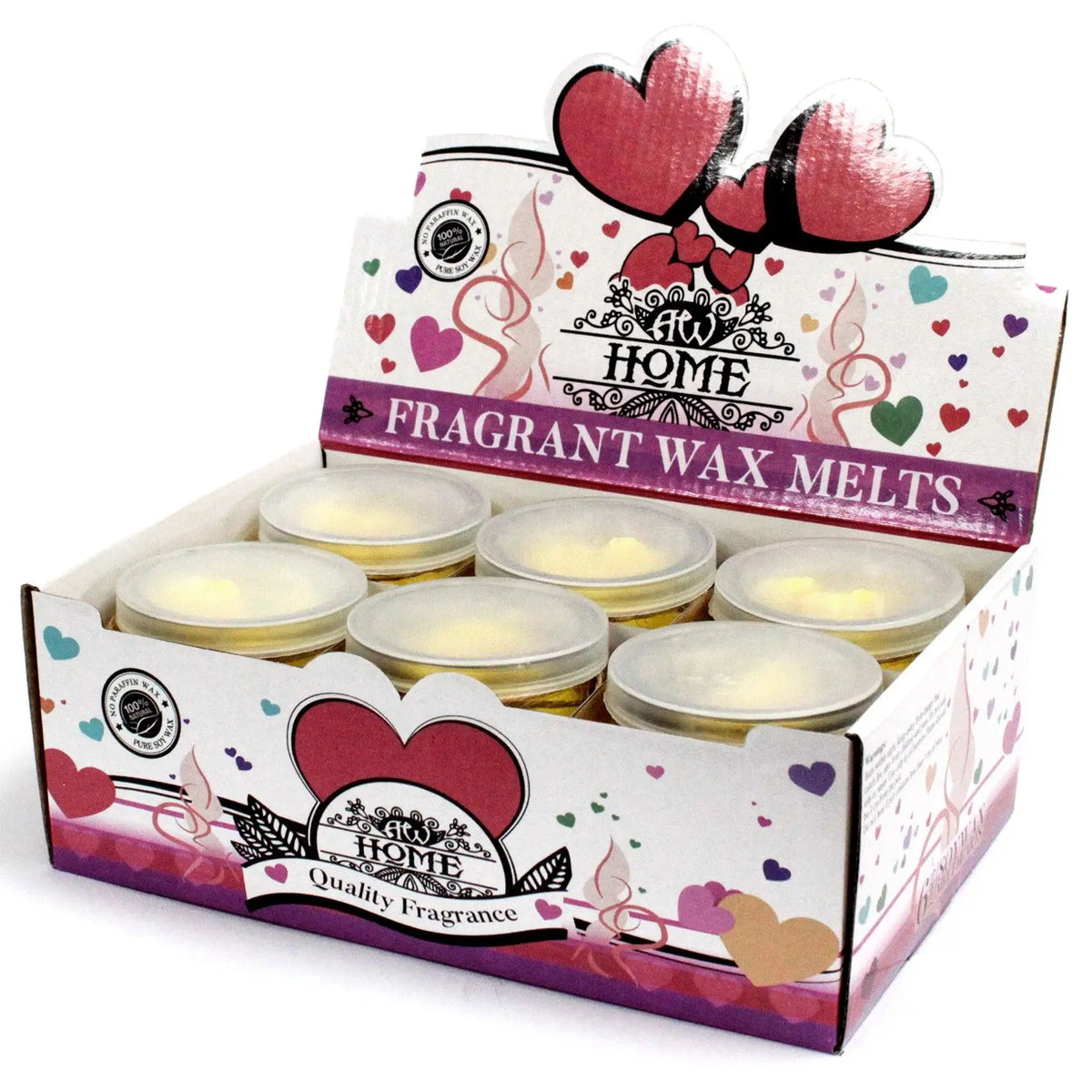 Caja expositora con seis frascos pequeños de cera de soja amarilla, decorada con corazones y motivos románticos.