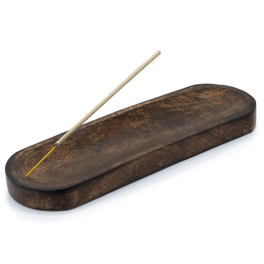 Portaincienso de madera oscura ovalado con varilla amarilla, estilo rústico y elegante, ideal para decoración.