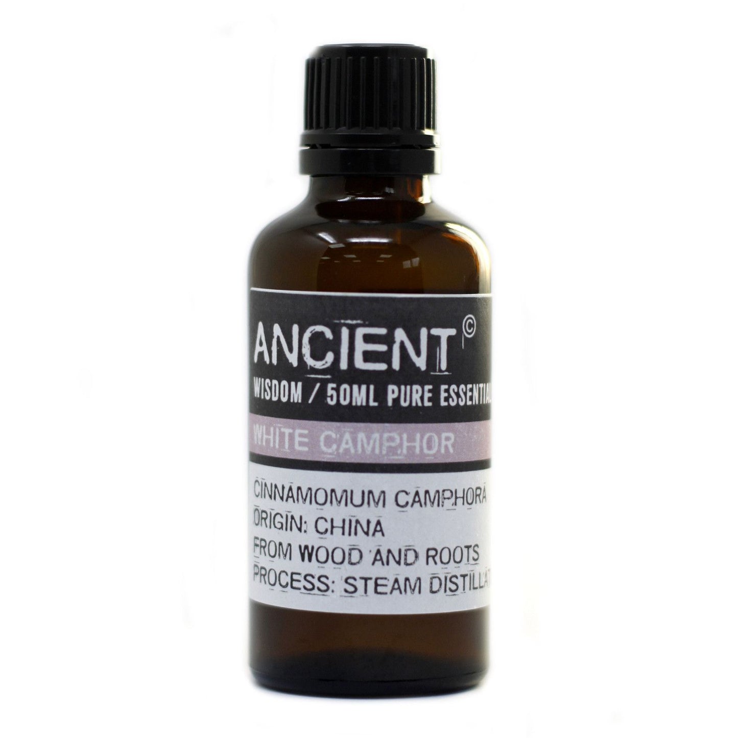 Frasco de vidrio ámbar de 50ml con tapa negra y etiqueta blanca que identifica aceite esencial de alcanfor blanco.