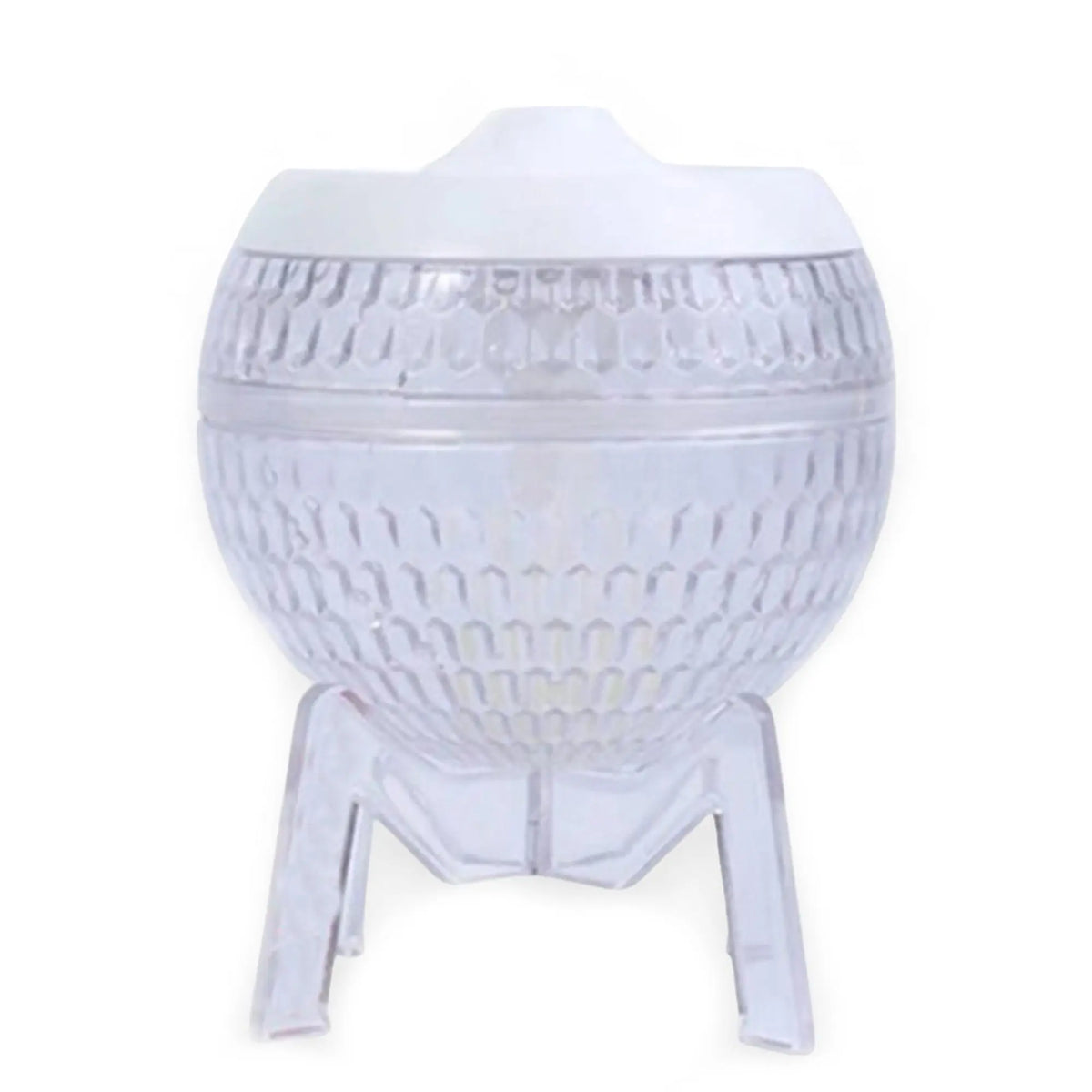 Difusor de aromas esférico y transparente, con textura de panal, base de soporte y luz LED que cambia de color.