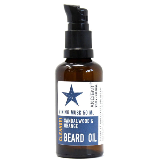 Aceite para barba Ancient Wisdom en frasco de vidrio ámbar de 50ml con dosificador negro y etiqueta azul con una estrella.