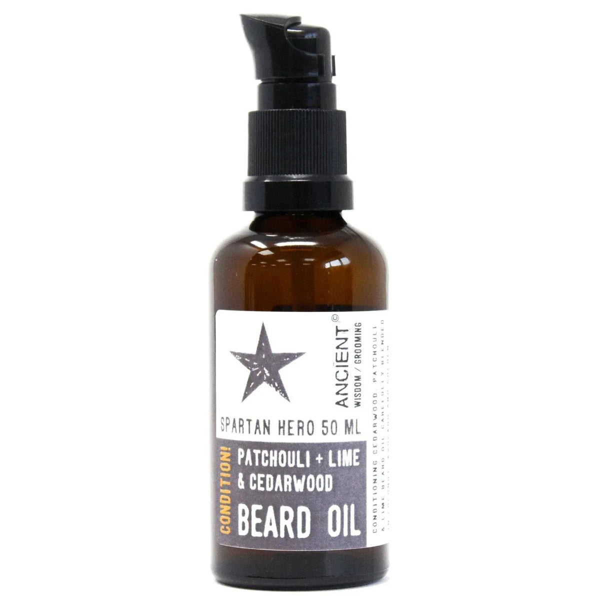 Frasco ámbar de 50ml con dispensador negro. Etiqueta blanca con estrella, texto "Spartan Hero" y marca Ancient Wisdom.