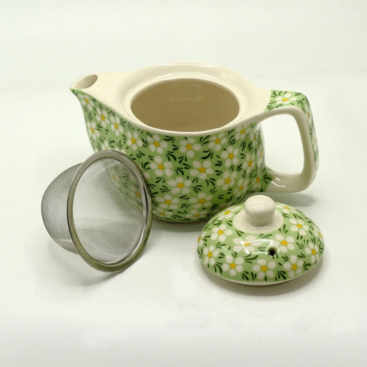 Tetera pequeña de cerámica verde con estampado de margaritas blancas, incluye tapa y filtro de acero inoxidable infusor