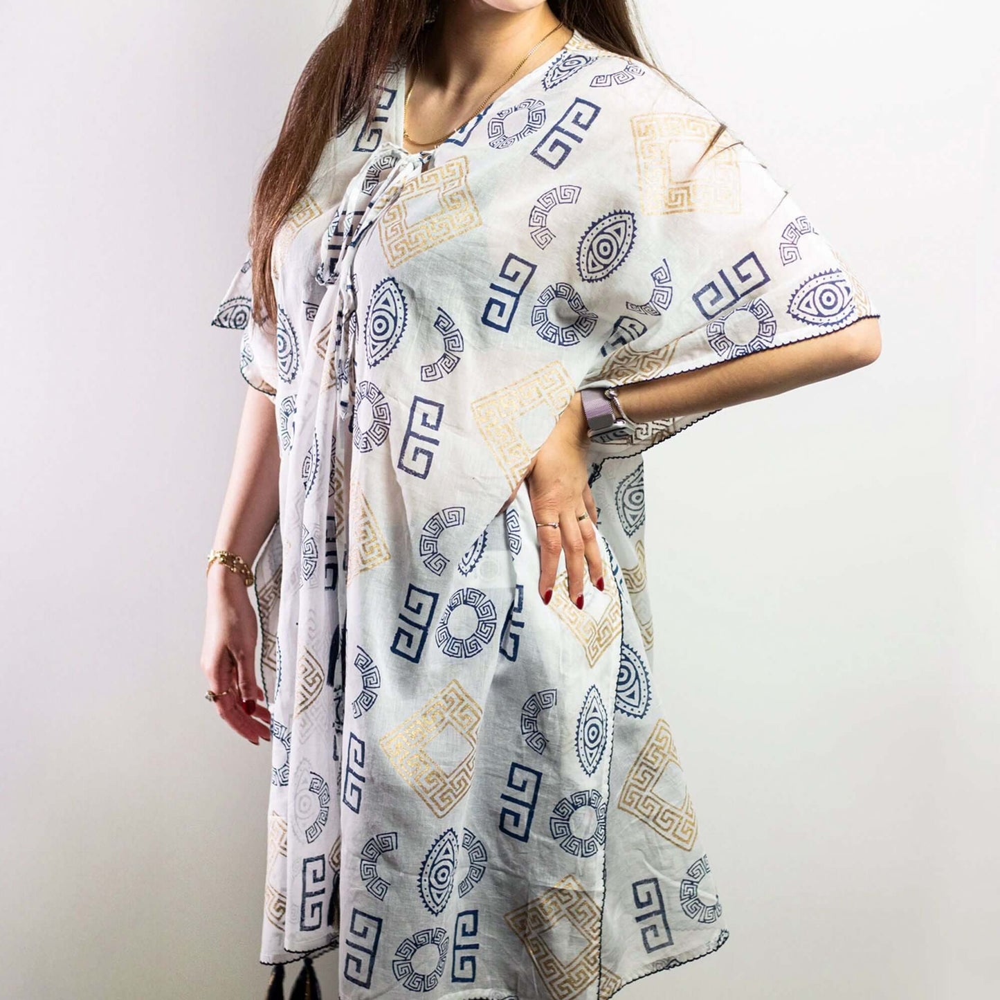 Colección Nómada Sari Mediterráneo - Kaftan - Motivo Griego en Oro y Azul - Pintado a Mano