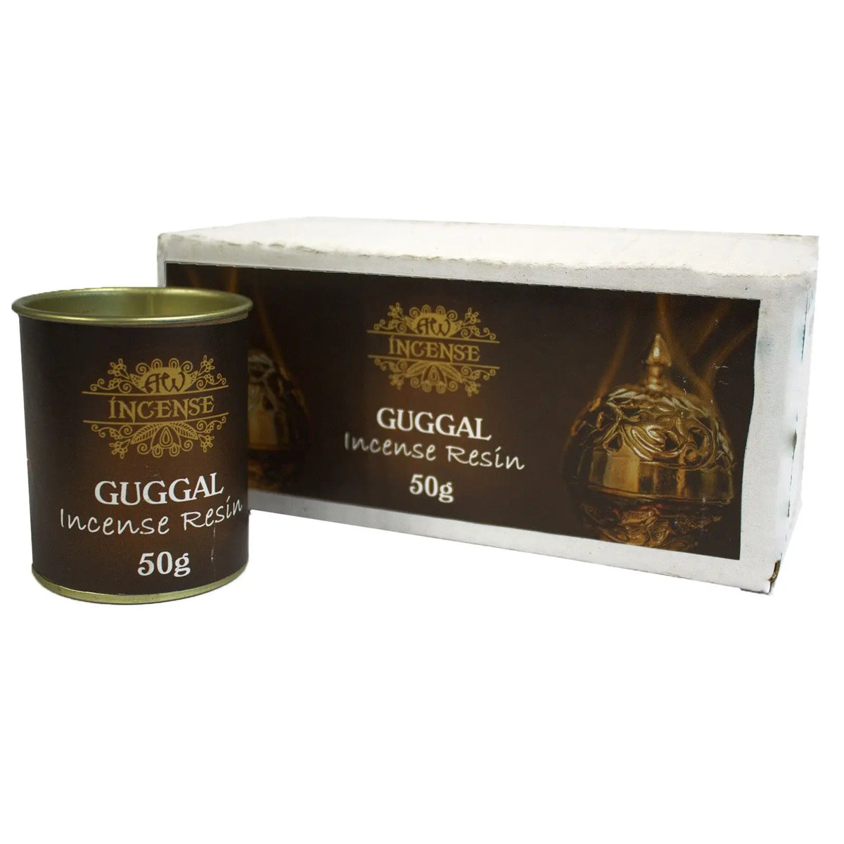 Lata cilíndrica y caja rectangular de resina de incienso Guggal (50g) en tonos café y dorado sobre fondo blanco.