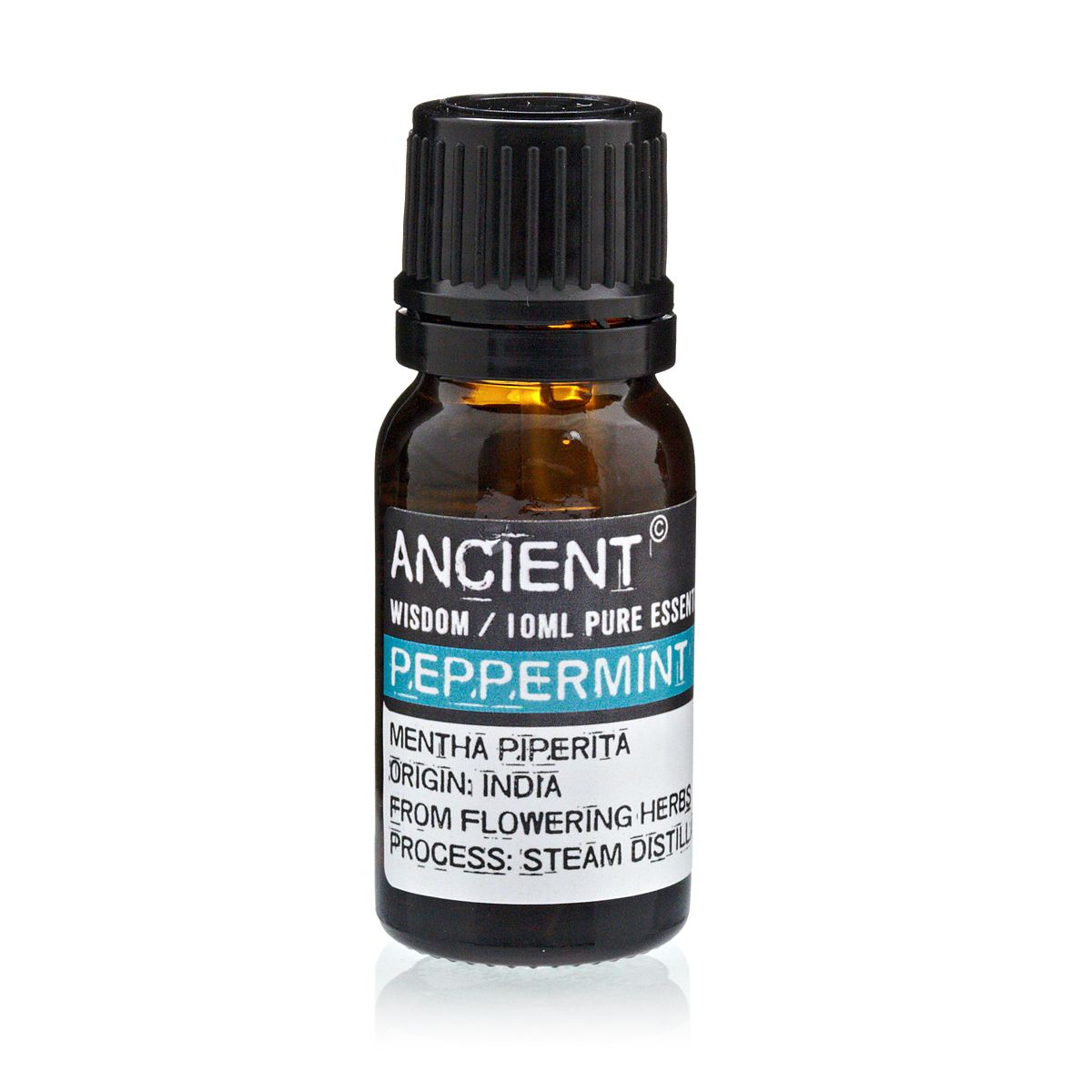 Aceite esencial de menta piperita, botella ámbar de 10 ml, destilado al vapor, origen: India.