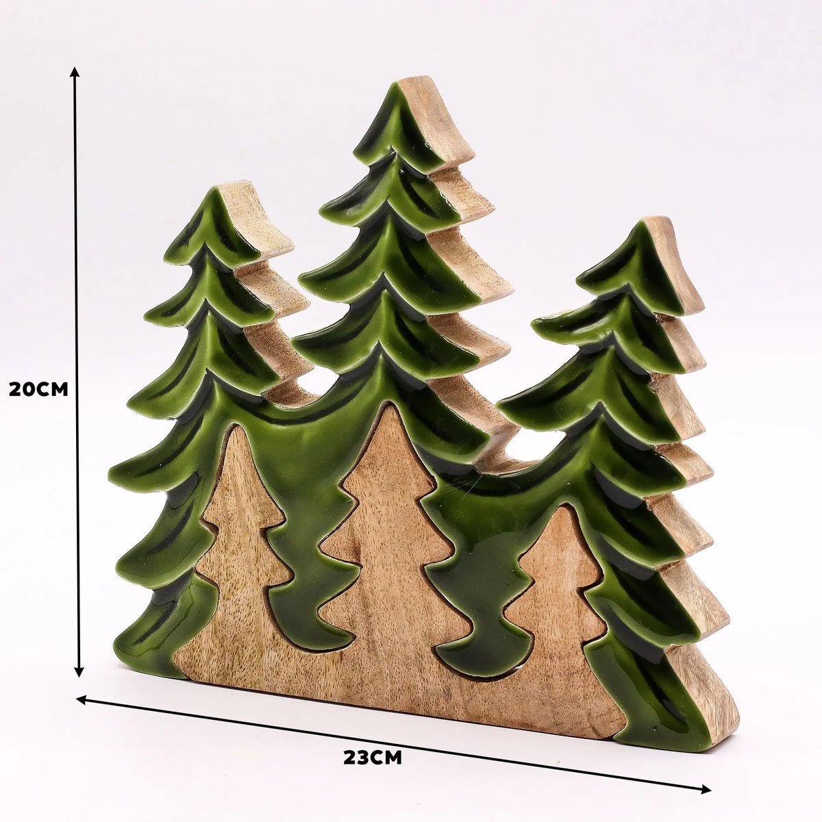Adorno de madera y cerámica en forma de árboles verdes, 20 cm de alto y 23 cm de ancho. Ideal para decoración.