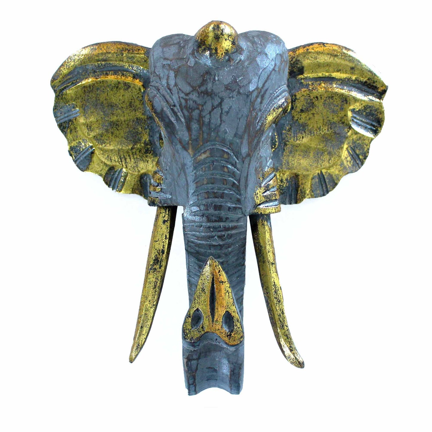 Elefante decorativo de madera gris y dorado, estilo artesanal, con trompa larga y orejas detalladas.