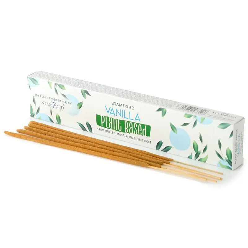 Incienso de vainilla Stamford, palitos marrones, hecho a mano, caja blanca con diseño de hojas verdes.
