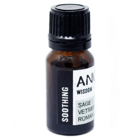 Frasco de vidrio ámbar de 10ml con tapa negra y etiqueta blanca que indica mezcla de aceites esenciales calmantes
