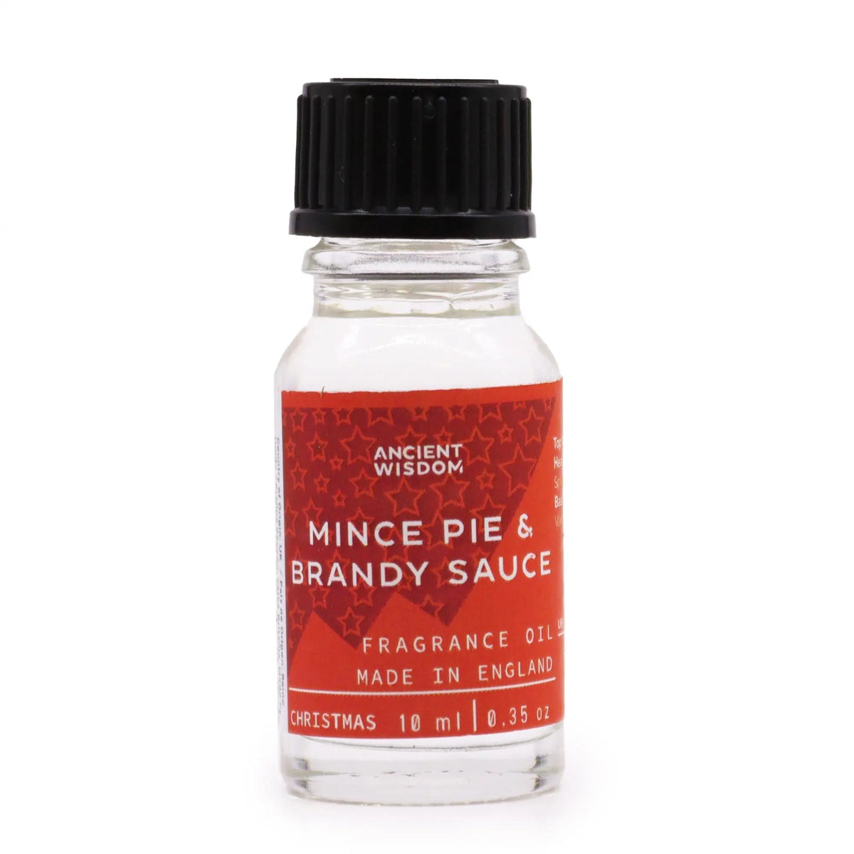 Frasco de cristal transparente de 10 ml con tapón negro y etiqueta roja con estrellas, aroma pastel y brandy.