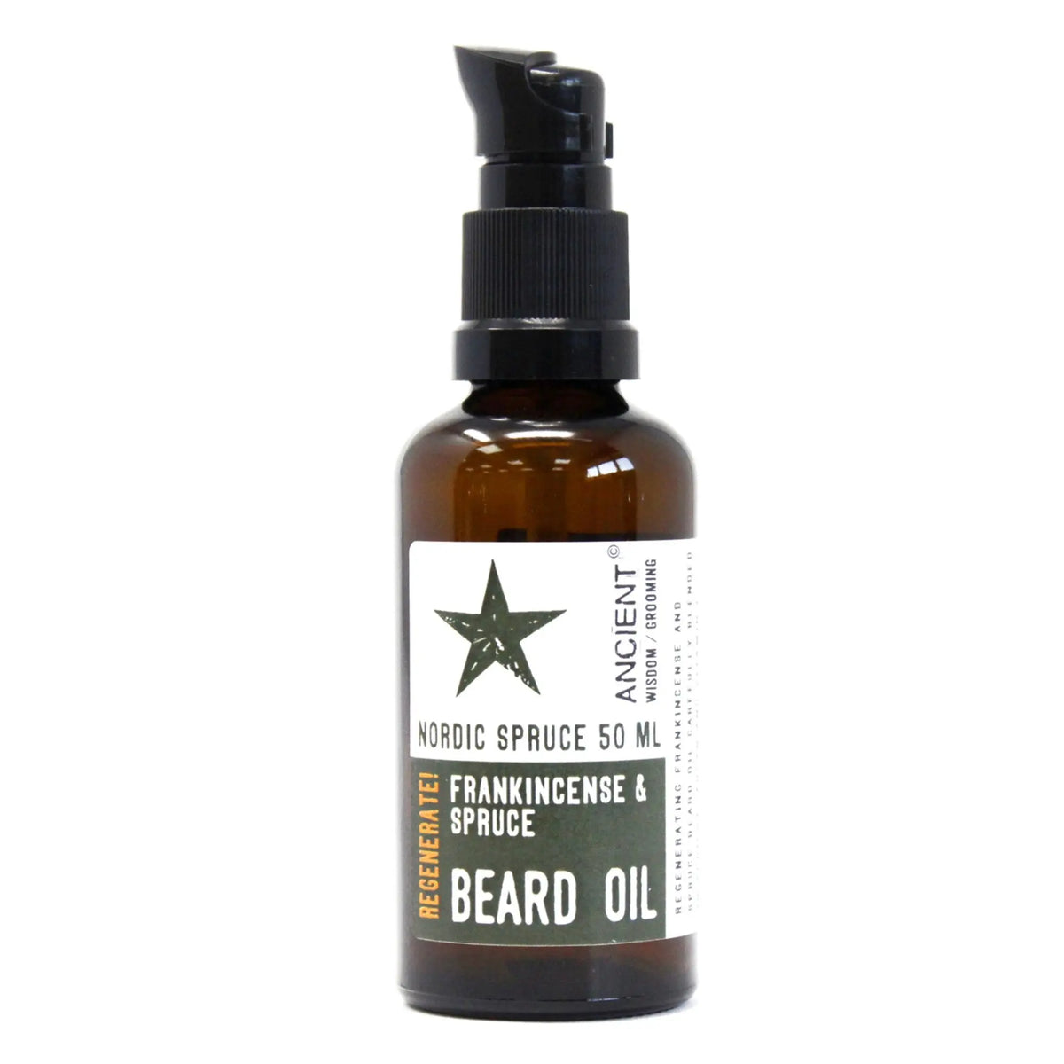 Aceite para barba Ancient Wisdom en frasco de vidrio ámbar de 50 ml con dosificador negro y etiqueta blanca y verde.