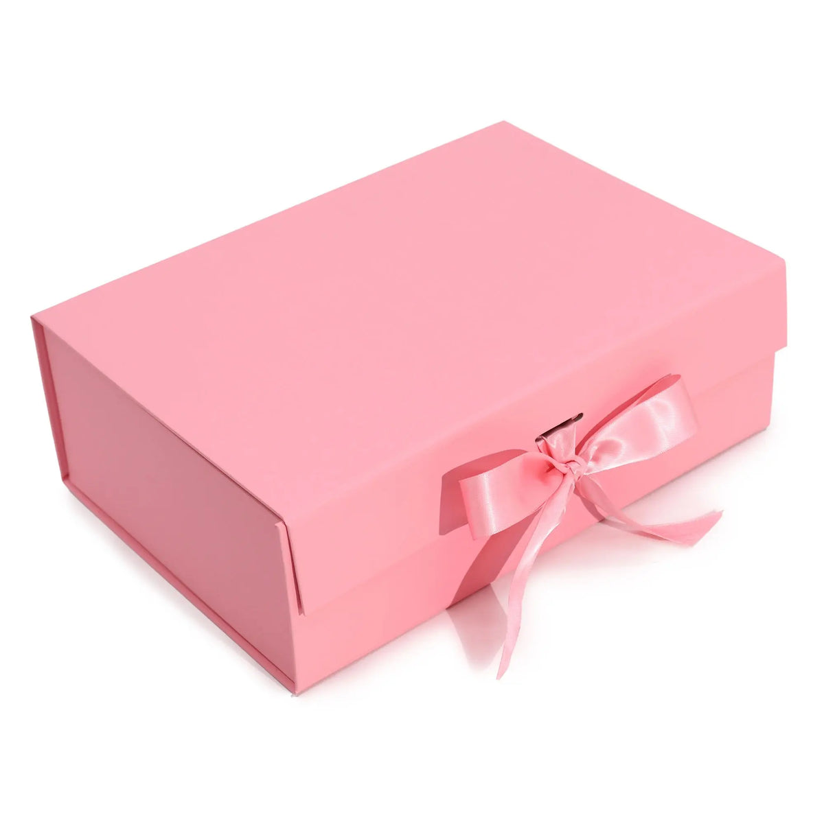 Caja de regalo plegable color rosa, rectangular, de cartón rígido con un elegante lazo de cinta de raso a juego.