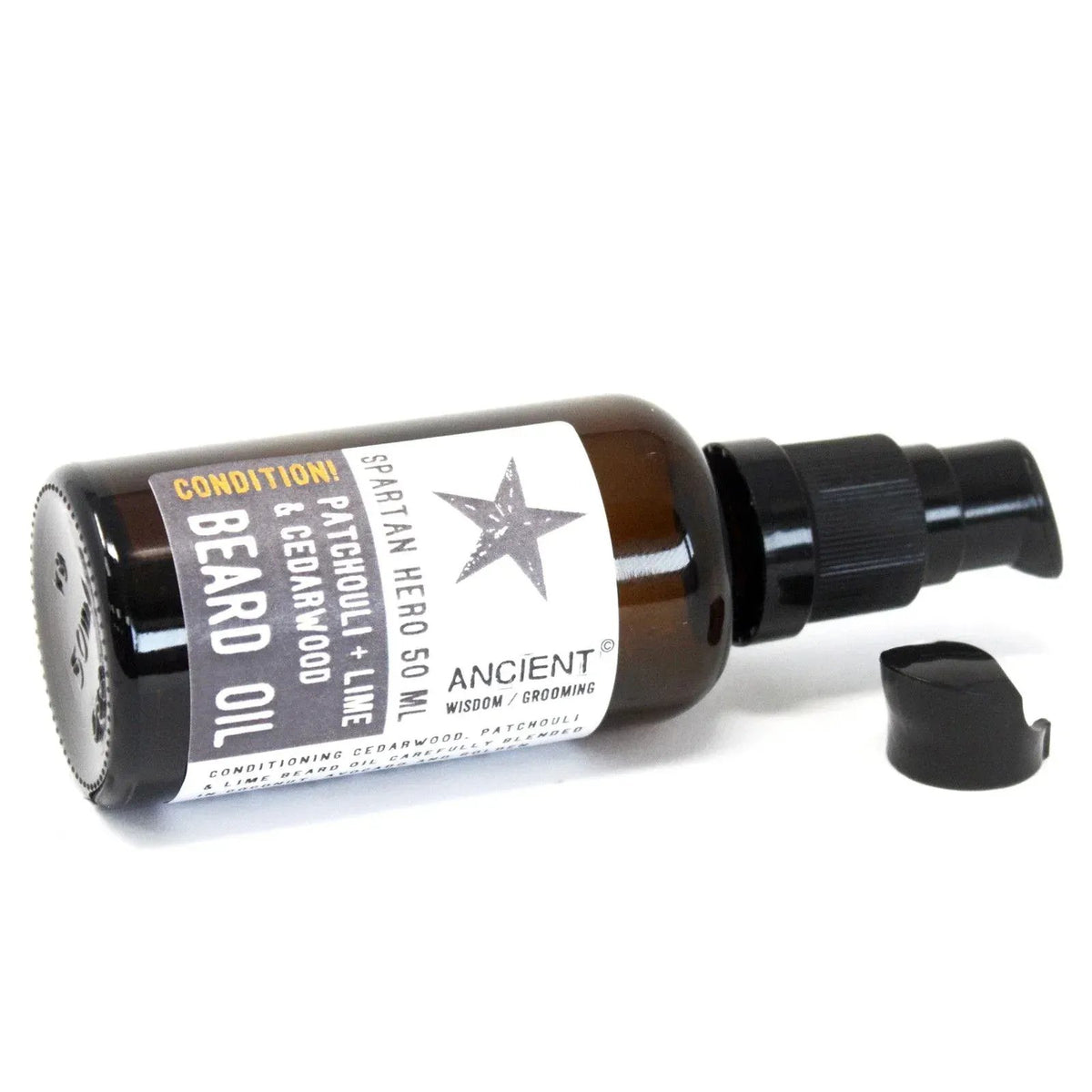 Frasco de vidrio ámbar de 50ml de aceite para barba Ancient Wisdom con bomba dispensadora negra y etiqueta informativa.